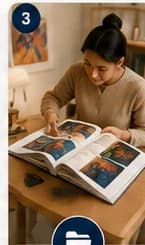 A person reviewing a physical art portfolio to decide where work belongs