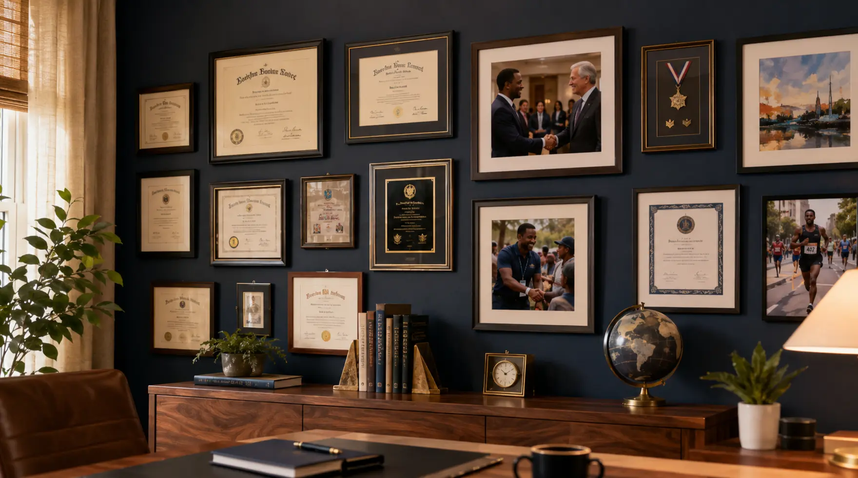 A warm office wall displaying framed credentials, awards, and meaningful professional moments